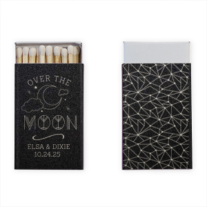 The Over the Moon Celestial Magic Match is a whimsical nod to 1960s art. The front displays an artistically vibrant crescent moon and stars. Below, the couple’s names and date are elegantly presented. The back is a celestial masterpiece, a detailed constellation drawing evoking the magic of starry skies, perfect for enchanting celebrations.