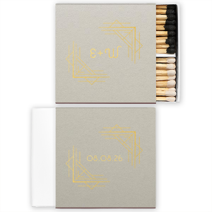 Sleek and sophisticated, the Deco Delight Matchbox features geometric Art Deco elegance. Two corners of a square artistically frame the couple’s initials, creating an alluring optical effect. The back mirrors this design, encapsulating the event date within the same sophisticated deco frame. 