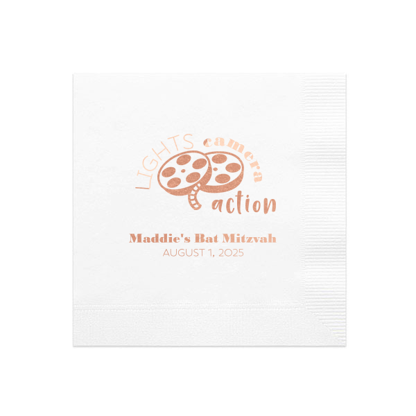 Our custom White Cocktail Napkin with Shiny Rose Gold Foil has a Movie Reel graphic and is good for use in The Arts, Birthday themed parties and will make your guests swoon. Personalize your party's theme today.