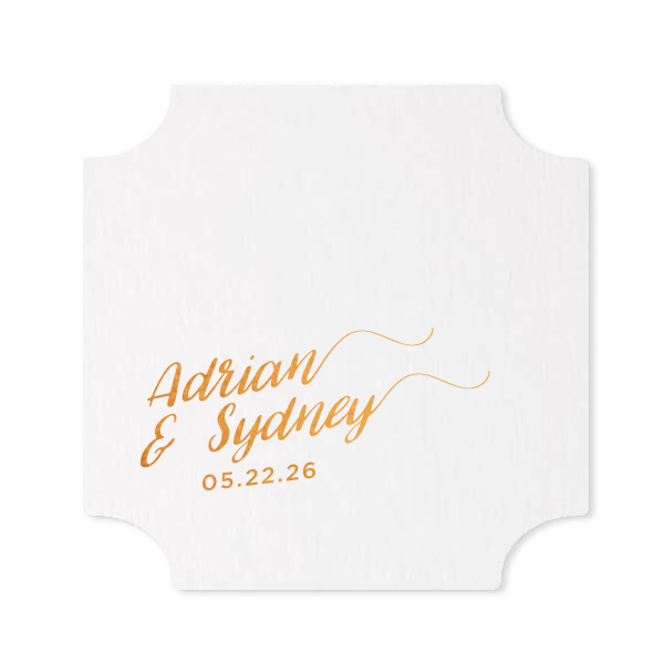 The ever-popular White Square Coaster with Shiny Rose Quartz Foil will give your party the personalized touch every host desires.