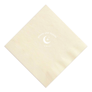 Unite under the stars with the Celestial Love Date Napkin, where the couple's names form an arch over a serene star and moon graphic, complemented by the wedding date in a clean, minimal style. A heavenly detail for your special day.