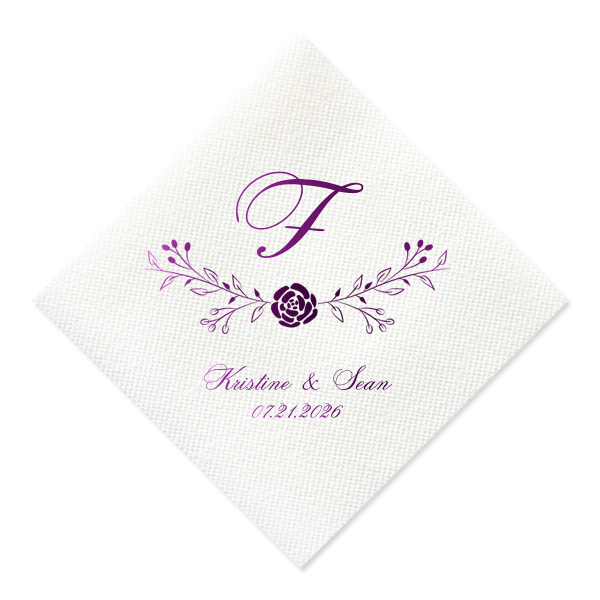 Custom Pastel Pink Linen Like Cocktail Napkin with Shiny Amethyst Foil has a Floral Vine graphic and is good for use in Wedding and Garden Party themed parties and will add that special attention to detail that cannot be overlooked.