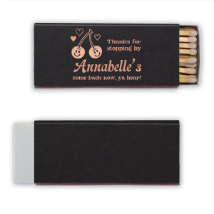 Meet our new personalized Retro Cherry Thanks For Stopping By Matchbook. This cute design features a cherry graphic that blends a retro style with modern trends. Customize this matchbox for your home bar.
