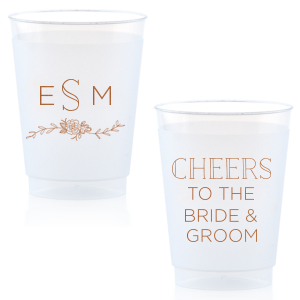 Personalize this cup for beautiful wedding barware that doubles as a party favor. Our Peony Accent and the embellished block font make the design perfect for a woodland or greenery themed wedding.
