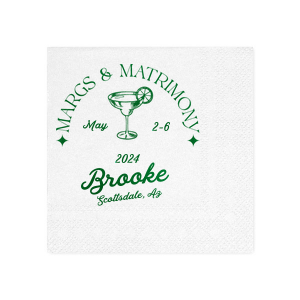 Set the scene for a bachelorette blast with the Margs and Matrimony Bachelorette Party Napkin, customized with the bride-to-be's name in elegant script, and detailed with the party's locale and date. The bold margarita illustration infuses a modern vibe into the festivities.