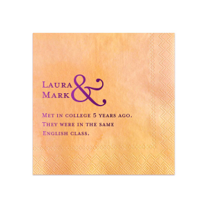 Personalized Peach Linen Like Cocktail Napkin with Shiny Amethyst Foil can be personalized to match your party's exact theme and tempo.
