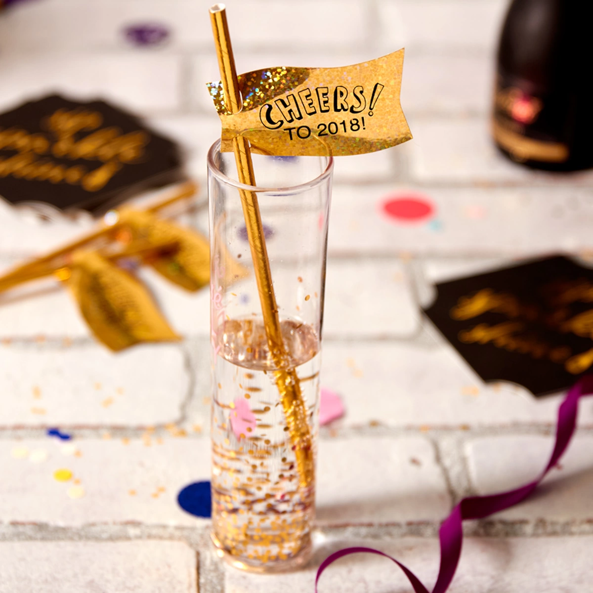happy new year 2018 gold sparkly straw tag