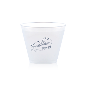 Embark on a journey of celebration with the Our Greatest Adventure Couples Cup. This imaginative design features a paper airplane soaring from "our" into a swirling adventure around "greatest adventure," accented by the couple's initials. Perfect for adding a splash of excitement and movement to your party!