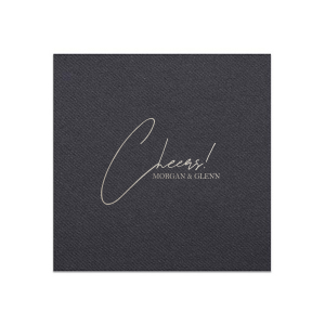 Raise a glass with the Toast of Elegance Napkin, featuring the celebratory exclamation "Cheers!" in an exquisite script atop two conjoined names, set in a classic serif font. This design embodies sophistication, perfect for toasting to love and life's great moments.