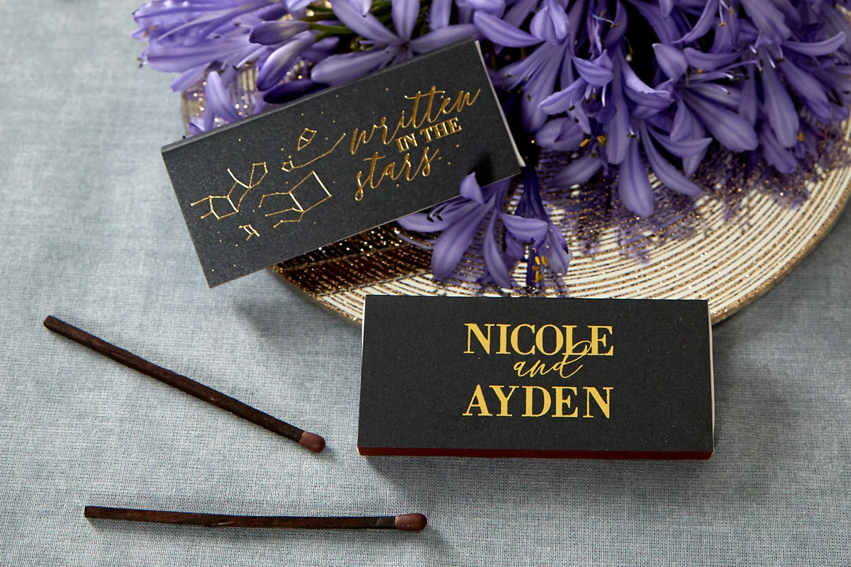 choose "written in the stars" matchboxes for your custom wedding matches from For Your Party