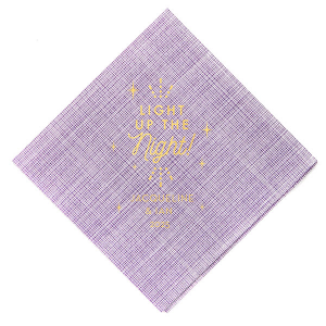 The ever-popular Plum Cocktail Napkin with Shiny 18 Kt Gold Foil has a Light the Night graphic and is good for use in Wedding, Words, Anniversary themed parties and are a must-have for your next event—whatever the celebration!