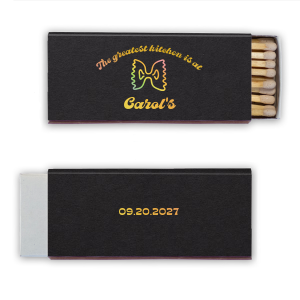Add a dash of fun flair to your kitchen or housewarming with the Culinary Charm Bowtie Pasta Matchbook, featuring the playful declaration "the greatest kitchen is at" above your name, all in a vintage-inspired font, and completed with a whimsical bowtie pasta graphic.