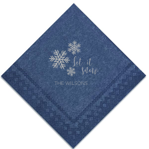 For Your Party's personalized Navy Cocktail Napkin with Satin Sterling Silver Imprint Foil Color has a Snowing graphic and is good for use in Christmas or Holiday themed parties and can be personalized to match your party's exact theme and tempo.