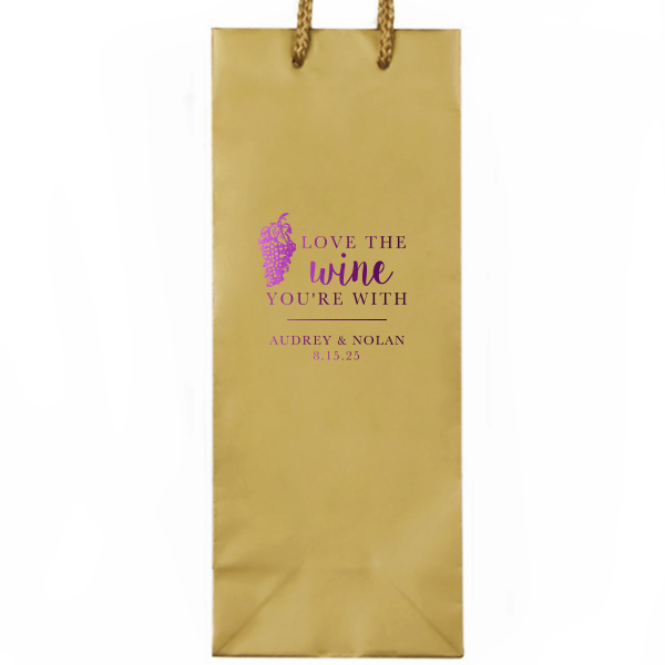 ForYourParty's personalized White Wine Gift Bag with Shiny Amethyst Foil Color has a Grapes graphic and is good for use in Wine themed parties and will look fabulous with your unique touch. Your guests will agree!