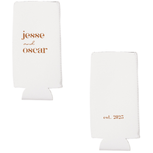 Elegant and minimal, this can cooler is ready for any event. Customize this personalized can cooler with names and the date of your event. 