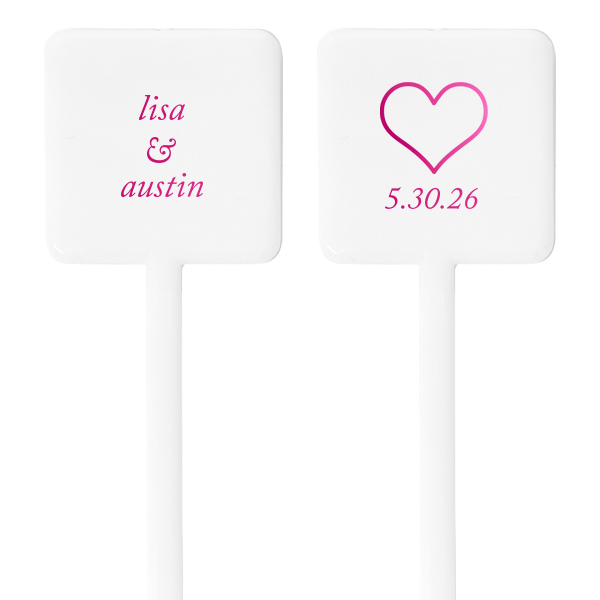 Our custom Shiny Fuchsia Rectangle Stir Stick with Shiny Fuchsia Foil has a Heart Outline graphic and is good for use in Wedding and Love themed parties and will look fabulous with your unique touch. Your guests will agree!