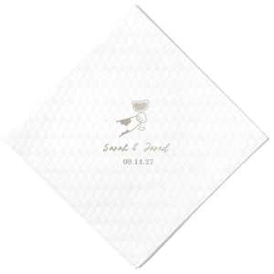 Add a whimsical touch to your wedding celebration with the Toasting Hands Wedding Napkin, showcasing a charming cartoon hand toasting with a glass of wine. Customizable with the couple's names in a sweet script font and the special date in an elegant serif below, this napkin is a perfect blend of fun and sophistication.