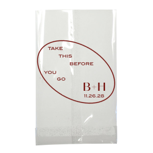 Send home memories with the Ringed Couple Initials Bag. The elegant design is perfect for sending treats and mementos home with honored guests. Featured in our Burgundy Wedding theme, match your special occasion with any number of stylish products to create a cohesive vision. 