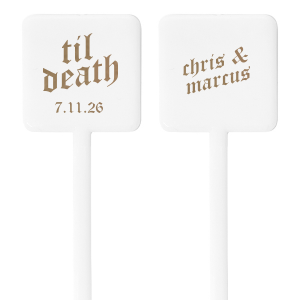 The Eternal Vow Stir Stick is a bold declaration of enduring commitment, with your  names inscribed in a font evocative of medieval script, full of ornate detail and charm. The reverse side proclaims "Til Death" in the same storied typeface, followed by the customizable date of your event, reinforcing the promise of everlasting love. This stir stick is a testament to a love that is as timeless as the font itself, perfect for weddings or anniversary celebrations that embrace a theme of eternal union.