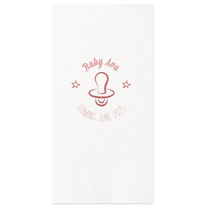 Swaddle your celebration in cuteness with the Baby Pacifier Napkin, featuring a charming pacifier flanked by twinkling stars. Perfect for cooing over future giggles and cuddles, this napkin adds a sweet touch to your joyous baby-themed bash.