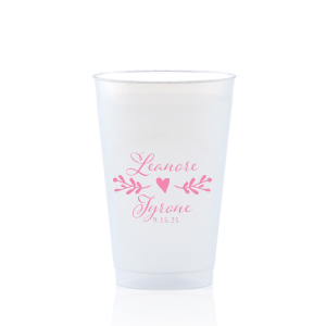 Our custom 9 oz Frost Flex Cup with Matte Pastel Pink Ink has a Twig Flourish graphic and is good for use in Floral and Wedding themed parties and can be customized to complement every last detail of your party.