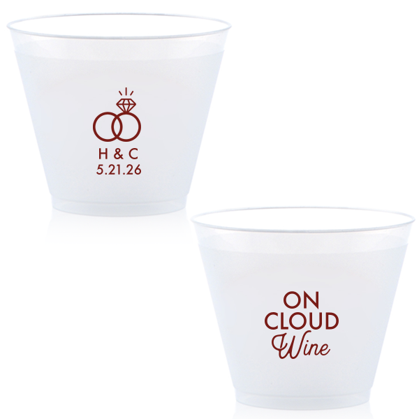 Elevate the joy with the On Cloud Wine Wedding Cup. A playful nod to being "On Cloud 9," this cup celebrates pure bliss. Flip it to reveal the couple's names below an adorable interlocked ring graphic. Perfect for toasting to love and happiness! 
