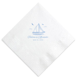 Your next party event will be smooth sailing with the Sailboat Nautical Nuptial Napkin. The hand-drawn design features a scenic coastal view of a sailboat above customizable text. Our customizer makes it easy to personalize the design to best match your unique sense of style.