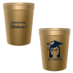 Our personalized Gold 16 oz Stadium Cup with Matte Navy Ink Cup Ink Colors has a Grad Girl graphic and is good for use in Graduation themed parties and are a must-have for your next event—whatever the celebration!