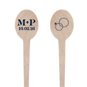 The Date & Rings Stir Stick features a beautifully hand-drawn depiction of two intertwined wedding rings on one side, symbolizing eternal love, while the other side can be personalized with your initials and event date in a casual, yet refined script. This dual-sided design serves as a timeless keepsake for guests to remember your union. Ideal for wedding celebrations and anniversary parties.