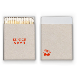 Choose a matchbox as cute as you with the Cherry Pair Matchbox. The simple design features personalized text on the front and a solitary pair of cherries on the backside. Available in your choice of box color and foil stamp color, the product is easy to customize to your liking and match your unique taste.