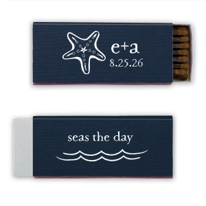 Embrace the wonder of the ocean with the Starfish Matchbook. Showcasing a beautifully detailed starfish, this design symbolizes renewal and regeneration, capturing the magic of nature’s resilience. Personalize with names and dates to add a touch of beachy elegance to your special event.