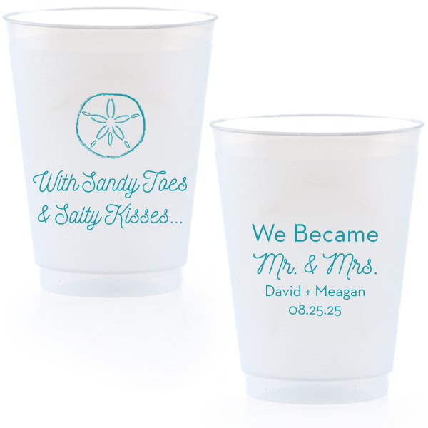 Bring your wedding party to the beach! With our Sand Dollar graphic, cute saying and script font, these blue napkins will. Customize with your names for festive wedding barware that can double as personalized party favors. 