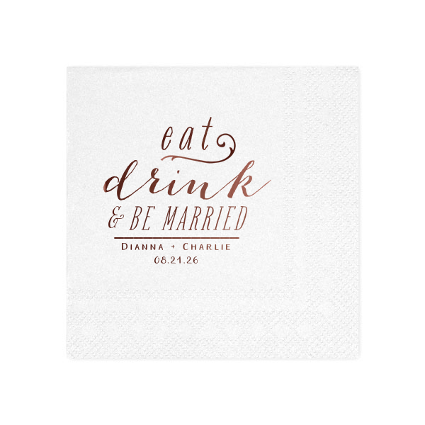 Bring the cheer with the Joyful Stacked Eat Drink & Be Married Wedding Napkin! This whimsically stacked design blends a sassy lowercase, bouncy script, and bold capital letters. It's topped off with the couple's names and date, infusing the napkin with a personal, joyous vibe.