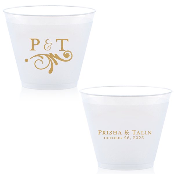Sip in style with the Elegant Flourish Wedding Cup, where modern meets vintage in a curvy French flourish. Initials entwine with a swirly ampersand, while names and date sit elegantly above the same sophisticated swirl, toasting to timeless romance.