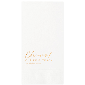 Raise a toast with the Script Cheers Names & Date Wedding Napkin, elegantly aligning a celebratory "Cheers!" with the couple's names and date. This design embodies the joy of the occasion, perfect for toasting to love and togetherness.