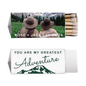 ForYourParty's chic White Classic Custom Photo Matchbox with Matte Spruce Ink Digital Print Colors and Matte Navy Ink Digital Print Colors has a Greatest Adventure graphic and is good for use in Wedding, Travel, Words themed parties and will look fabulous with your unique touch. Your guests will agree!