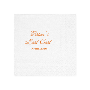 Celebrate the bachelor's final foray into singlehood with the Last Cast Bachelor Party Napkin, featuring the guest of honor's name in a vintage inspired script, the emblematic "Last Cast" phrase, and the event date in a straightforward serif font. A classic touch for a fishing retreat-themed bachelor bash.