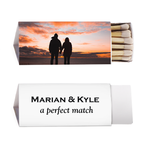 Our beautiful custom White Classic Custom Photo Matchbox with Matte Black Ink Digital Print Colors and Matte Fuchsia Ink Digital Print Colors will impress guests like no other. Make this party unforgettable.