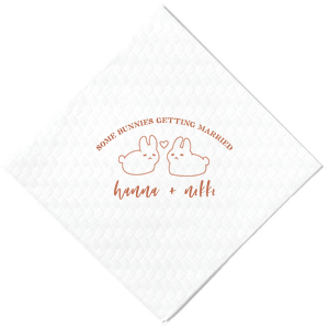 Hop into matrimonial joy with the Some Bunnies Wedding Napkin, complete with an adorable drawing of two bunnies and a heart nestled between them. The playful phrase "Some Bunnies Getting Married" sets a whimsical tone, while the area below awaits the couple's names, scripted with modern elegance. A delightful addition to your wedding tablescapes.