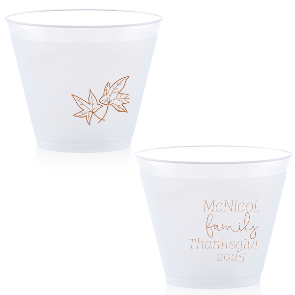 Elevate your autumn gatherings with the Thanksgiving Fall Leaves Cup! Two elegant fall leaves float gracefully, adding a touch of seasonal charm. Personalize the reverse side with four dynamic lines, each in playful fonts. Perfect for sipping and celebrating in style. Cheers to a well-scripted harvest!