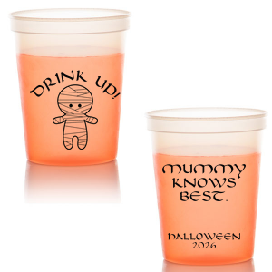 Custom Orange 16 oz Stadium Cup with Matte White Ink Ink Color has a Mummy graphic and is good for use in Halloween themed parties and will add that special attention to detail that cannot be overlooked.