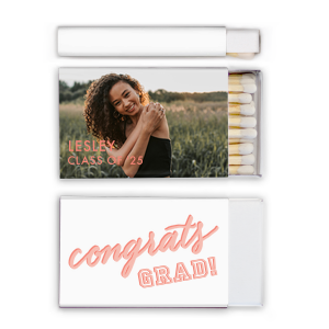 Custom White Classic Custom Photo Matchbox with Matte Poppy Ink Digital Print Colors and Matte Pastel Pink Ink Digital Print Colors has a Congrats graphic and a Congrats graphic and is good for use in Words, Hearts, Wedding themed parties and can't be beat. Showcase your style in every detail of your party's theme!