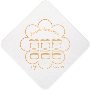 Keep tabs on the evening's libations with the Kitschy Cocktail Hour Drink Tracker Coaster, an inventive element for a whimsical and modern wedding. This unique coaster features floral-framed modern line drawings of glasses, providing a chic way for guests to mark their drink count. Personalize with the couple's initials and wedding date for a functional yet stylish keepsake.