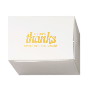 Give the gift that's unforgettable with the It's Giving Thanks Box! Perfect for present or leftovers, the high quality box features customized text in your choice of foil stamp colors to best match your thanksgiving vibes this year!