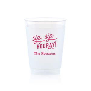 The Sip Sip Hooray! Names Frosted Cup design captures the essence of celebration with a witty twist on the classic cheer. Its lively, scrolling font turns each sip into a toast, making it a delightful tribute to the couple and the joy of their special day.