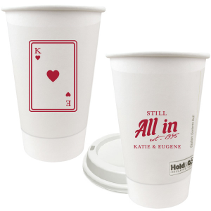 Celebrate lasting love with the Playing Card Still All In Anniversary Cup. One side adorns a hearts playing card graphic, personalized with your initials. The other side is inscribed with "Still All In," alongside the celebratory year and the couple's names, symbolizing a winning hand in marriage.