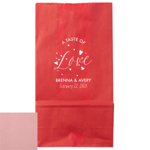 Fill the A Taste of Love Bag with delights as sweet as the sentiment it carries. 'Love' bursts forth, surrounded by joyful hearts, while the couple's names and date below savor the flavor of a heartfelt celebration.