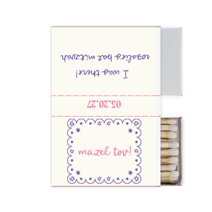 Light a spark that will last a lifetime with the Star of David Frame Photo Matchbox! This matchbox features a scalloped frame and Stars of David design on the front with a joyous "Mazel Tov!", while the back features a personal message. Customize the text to make it your own for your next momentous occasion.