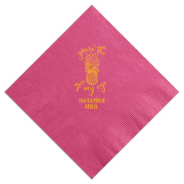 Custom Fuchsia Cocktail Napkin with Matte Sunflower Foil has a Pineapple Tiki graphic and is good for use in Food, Beach/Nautical themed parties and will add that special attention to detail that cannot be overlooked.