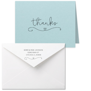 Express your gratitude with the Heart Flourish Thank You Card, featuring a heartfelt 'thanks' in flowing script, underscored by an enchanting flourish with a central heart. This sweet design invites a personal touch within, for a charming gesture of appreciation.